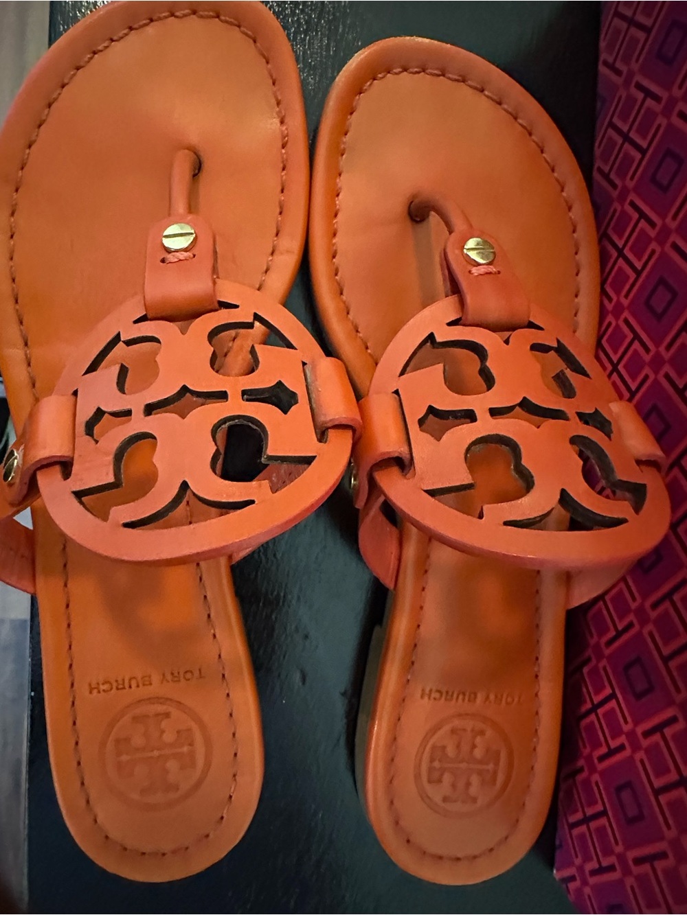 Tory Burch Orange Cutout Logo Leather Thong Sandals